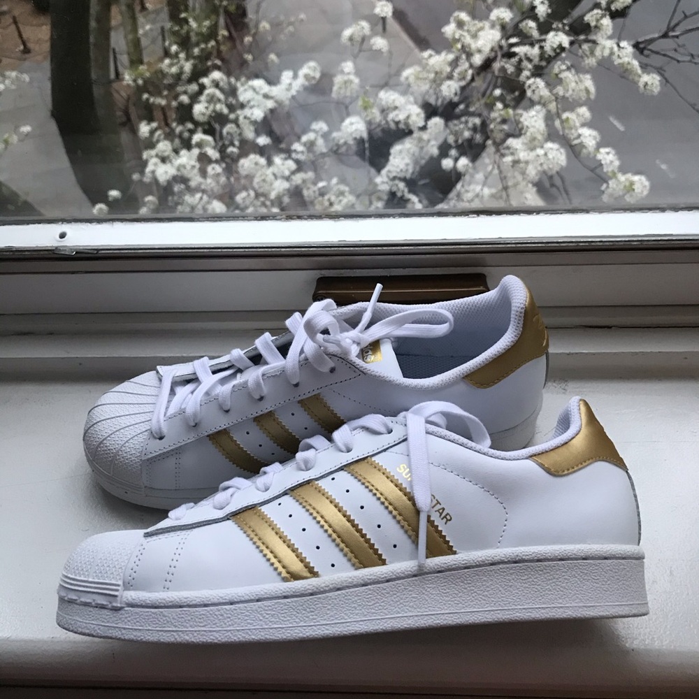 Gold Stripe Adidas Superstar Sneakers